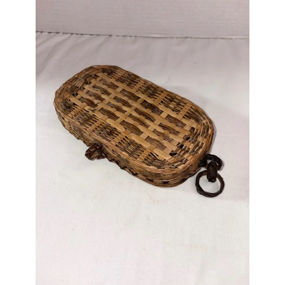 Vintage Woven Wicker Pill Box Small Trinket Basket Oval Brown Boho Keepsake Case